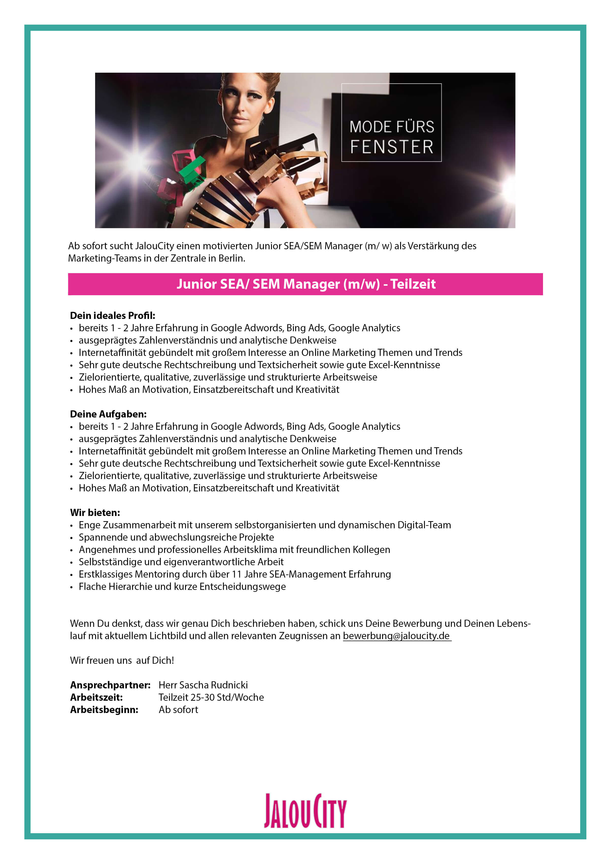 Junior SEA/ SEM Manager (m/w) bei JalouCity Junior SEA/ SEM Manager (m/w) bei JalouCity