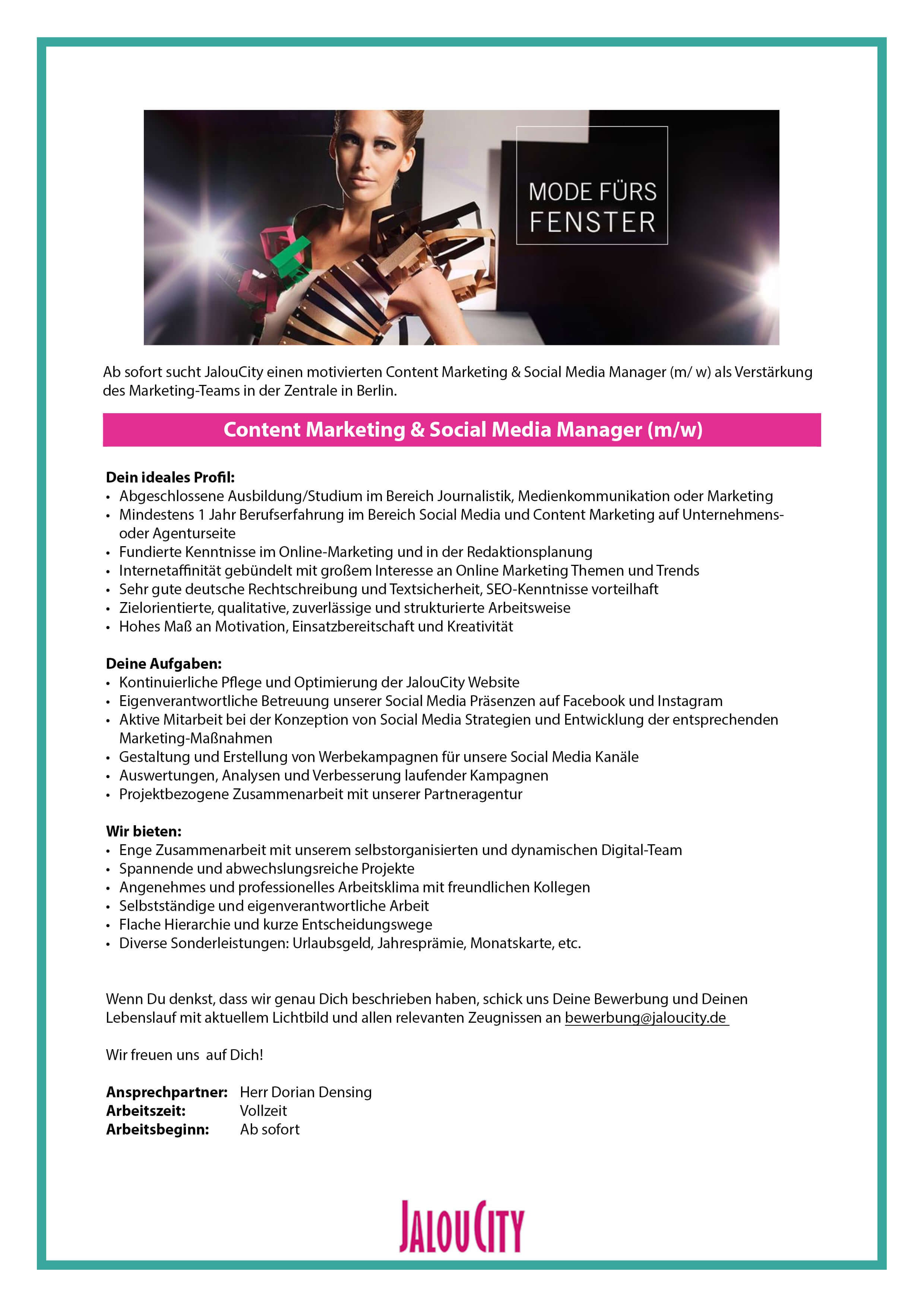 Social Media und Content Marketing Manager (m/w) bei JalouCity Social Media und Content Marketing Manager (m/w) bei JalouCity
