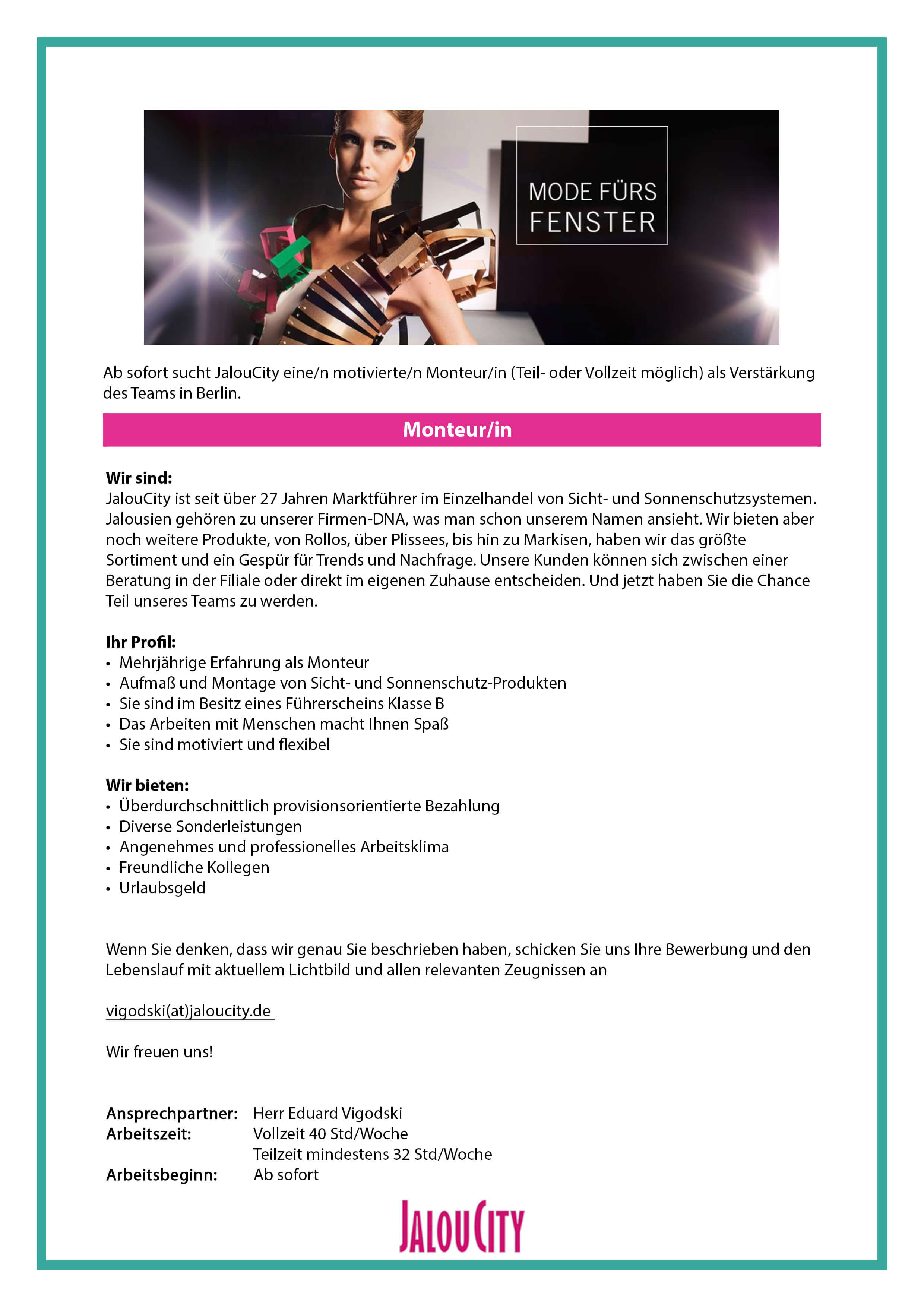 Monteur (m/w) bei JalouCity Monteur (m/w) bei JalouCity
