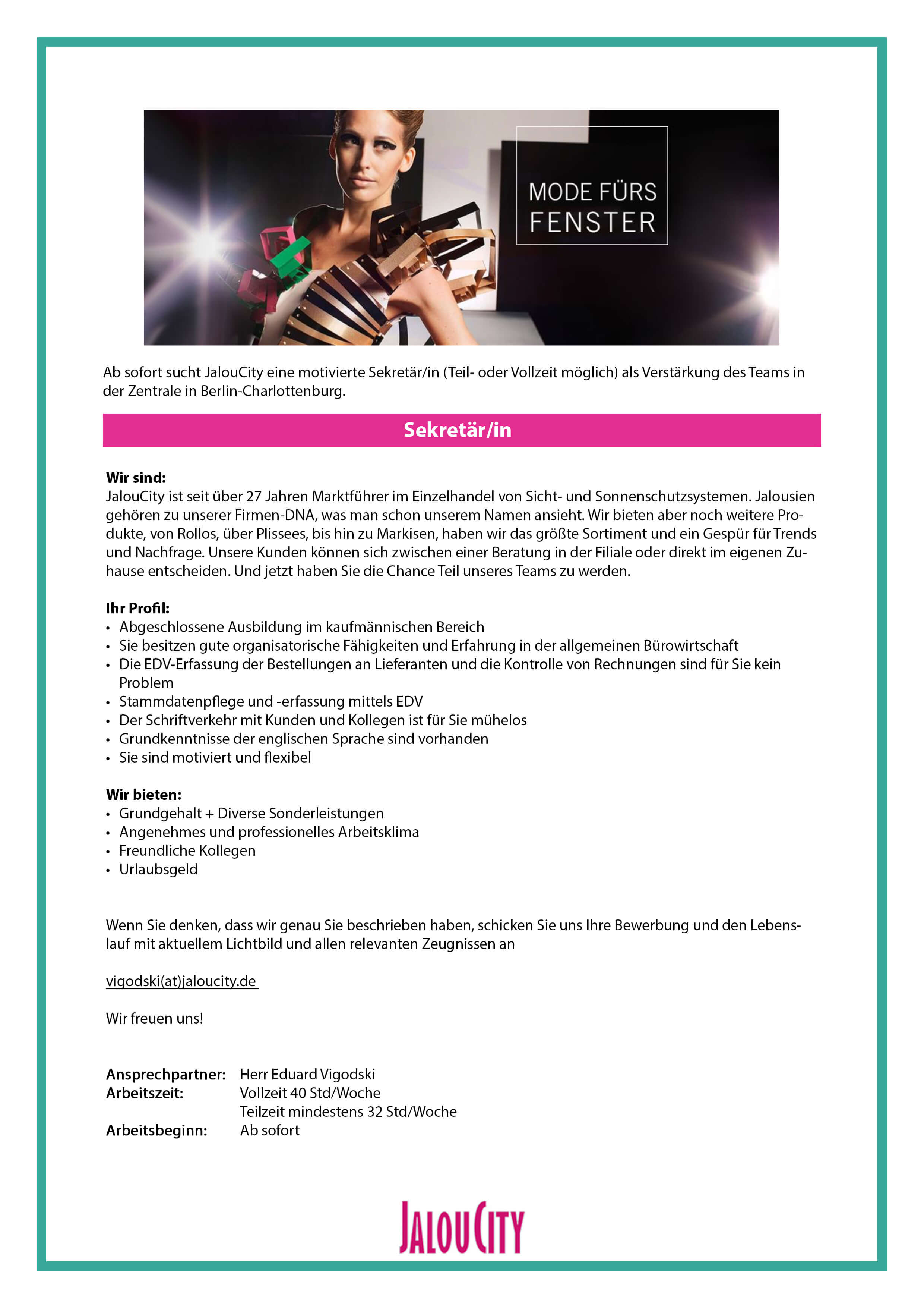 Sekretär (m/w) bei JalouCity Sekretär (m/w) bei JalouCity