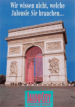 Werbung aus dem Jahr 1992: Pinke Jalousien am Arc de Triomphe in Paris