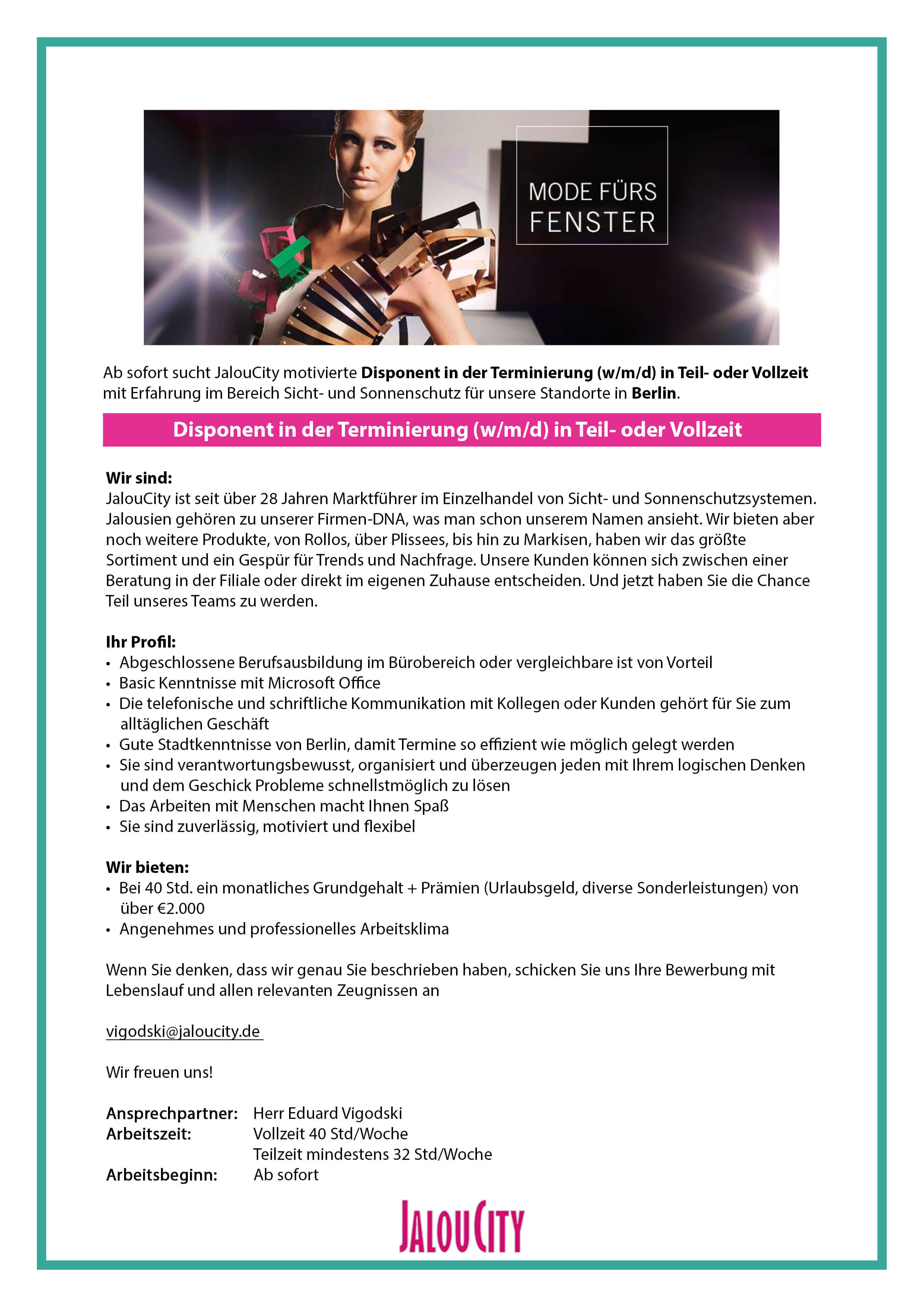 Disponent in der Terminierung (w/m/d) bei JalouCity Disponent in der Terminierung (w/m/d) bei JalouCity