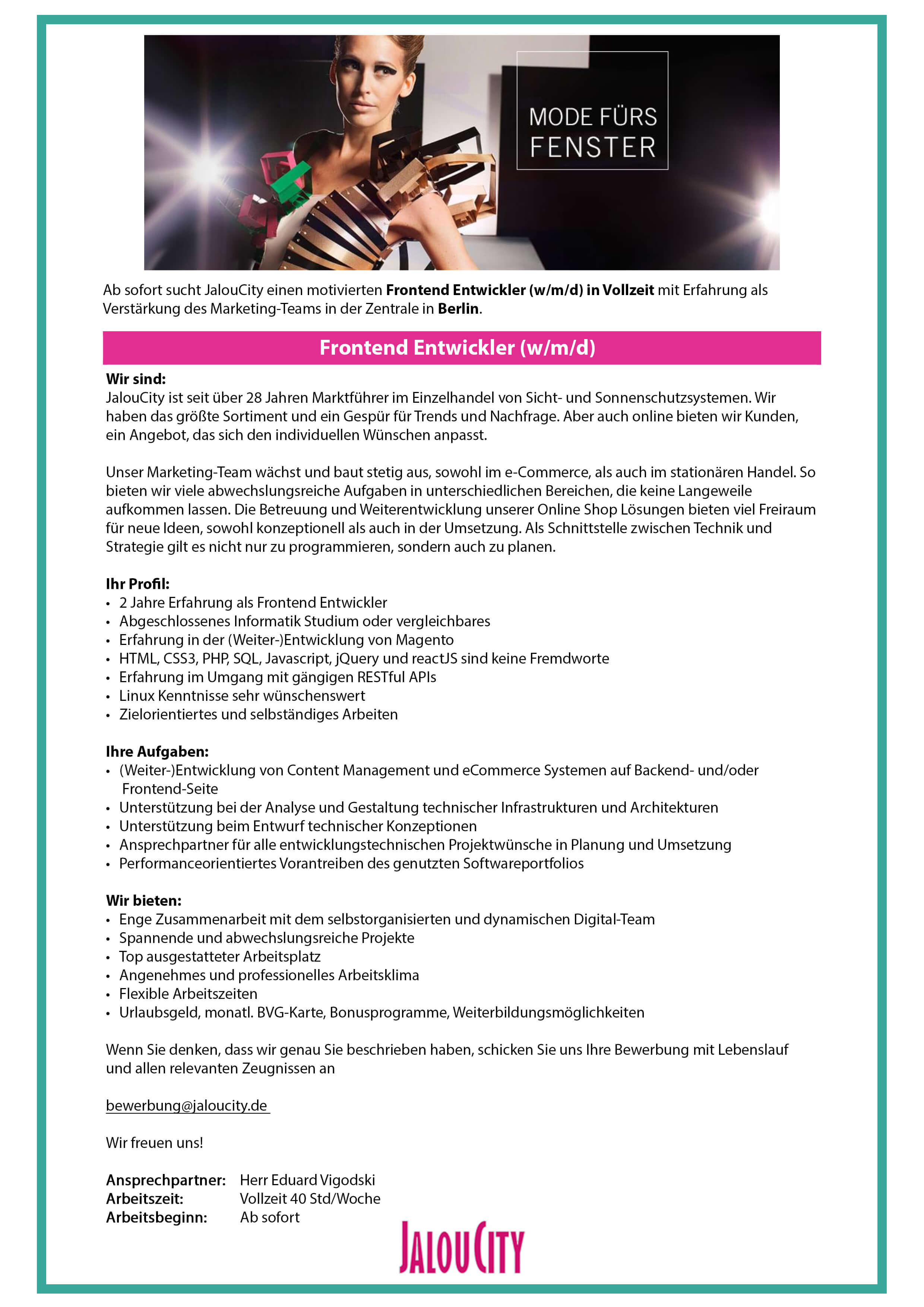 Frontend Entwickler im eCommerce Umfeld (w/m/d) bei JalouCity Frontend Entwickler im eCommerce Umfeld (w/m/d) bei JalouCity