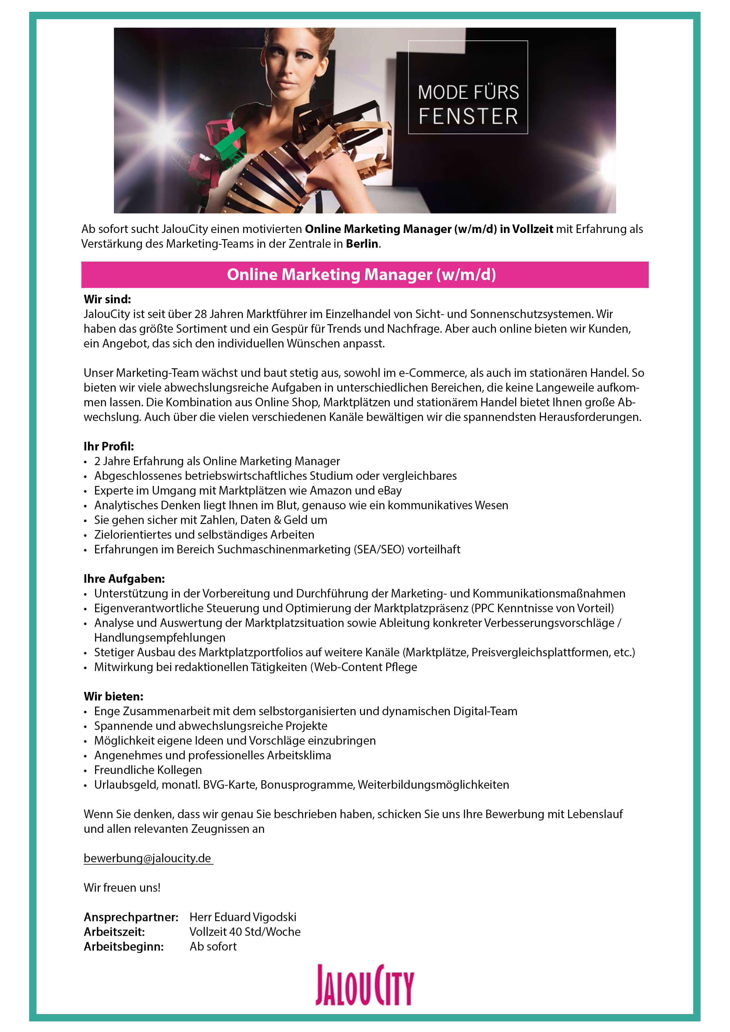 Online Marketing Manager (w/m/d) bei JalouCity Online Marketing Manager (w/m/d) bei JalouCity