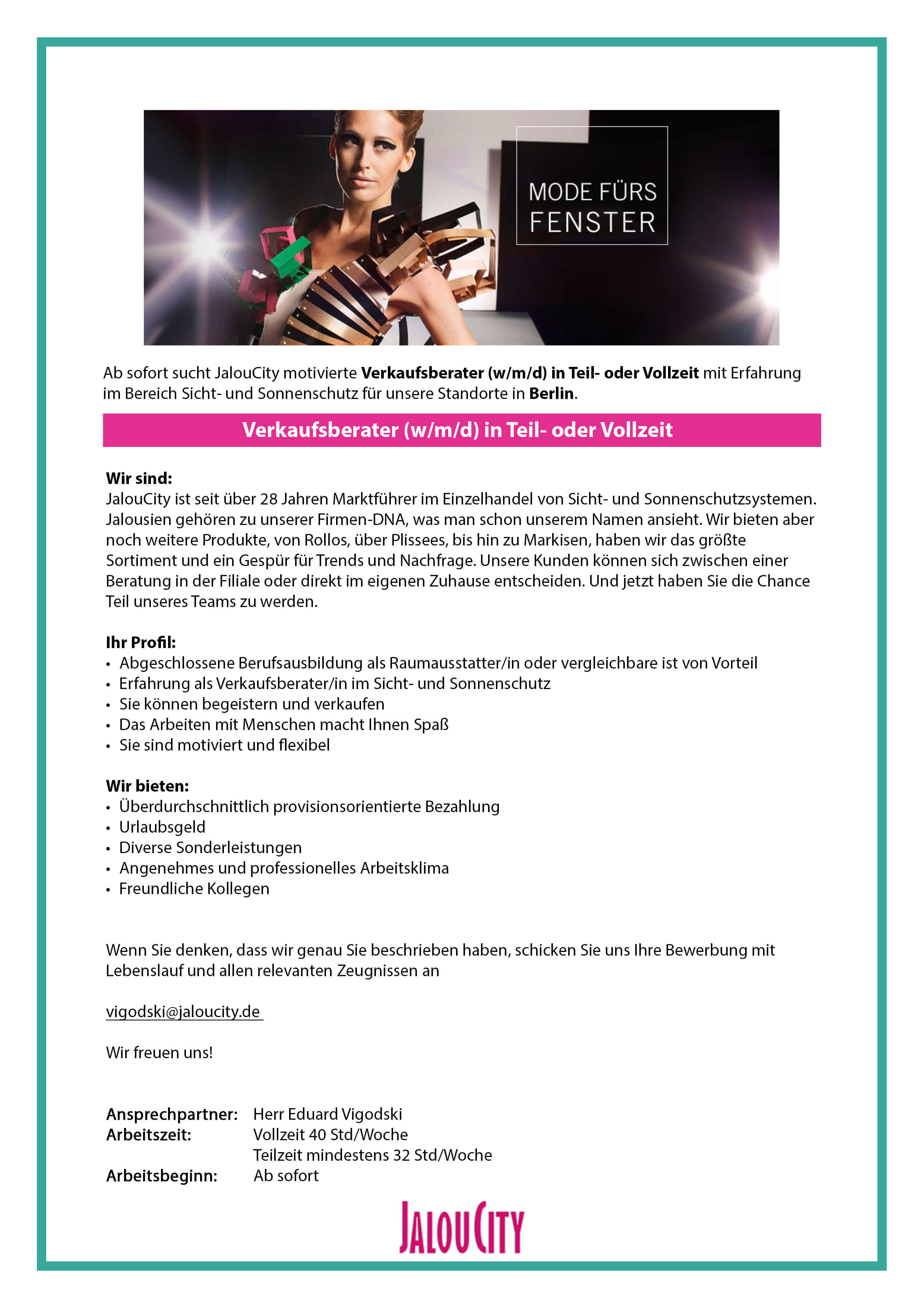 Verkaufsberater im Innen- & Außendienst (w/m/d) bei JalouCity Verkaufsberater im Innen- & Außendienst (w/m/d) bei JalouCity
