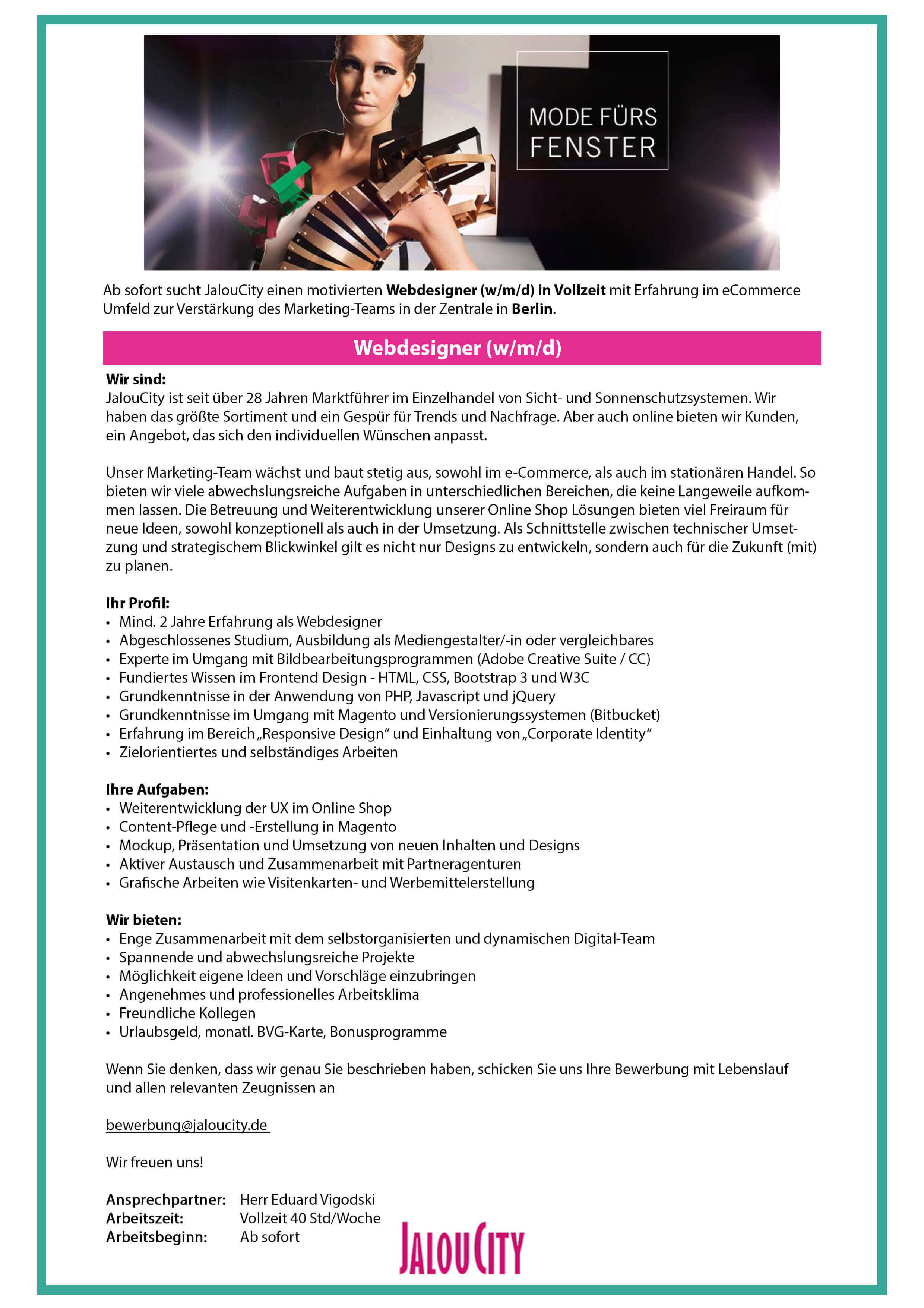 Webdesigner (w/m/d) bei JalouCity Webdesigner (w/m/d) bei JalouCity