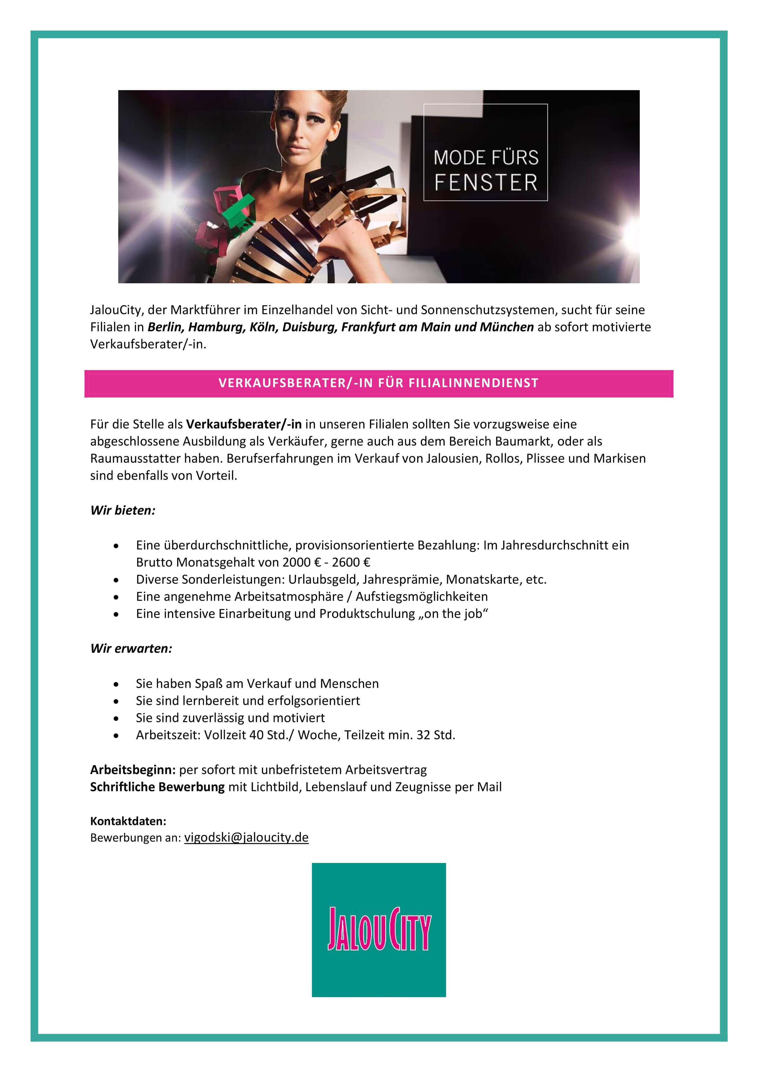 Stellenangebot für Verkaufsberater/-in bei JalouCity Stellenangebot für Verkaufsberater/-in bei JalouCity