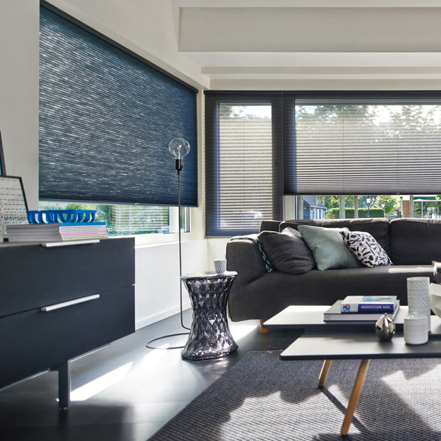 Plissees freihängend mit Schnurzug im Wohnzimmer in Blau