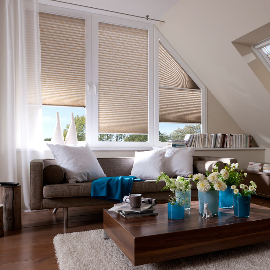 Beige Dekor Plissees zur Verdunkelung im Wohnzimmer