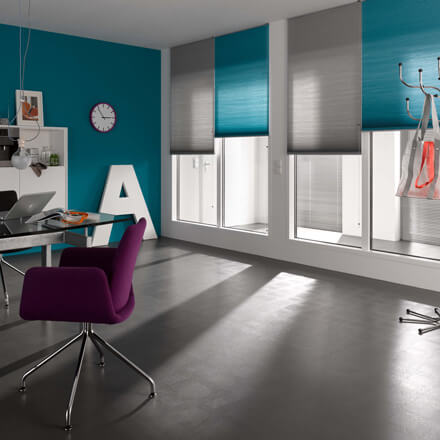 Wabenplissees Modell F1, freihängend mit Schnurzug im Arbeitszimmer Wabenplissee F1 mit Schnurzug im Arbeitszimmer