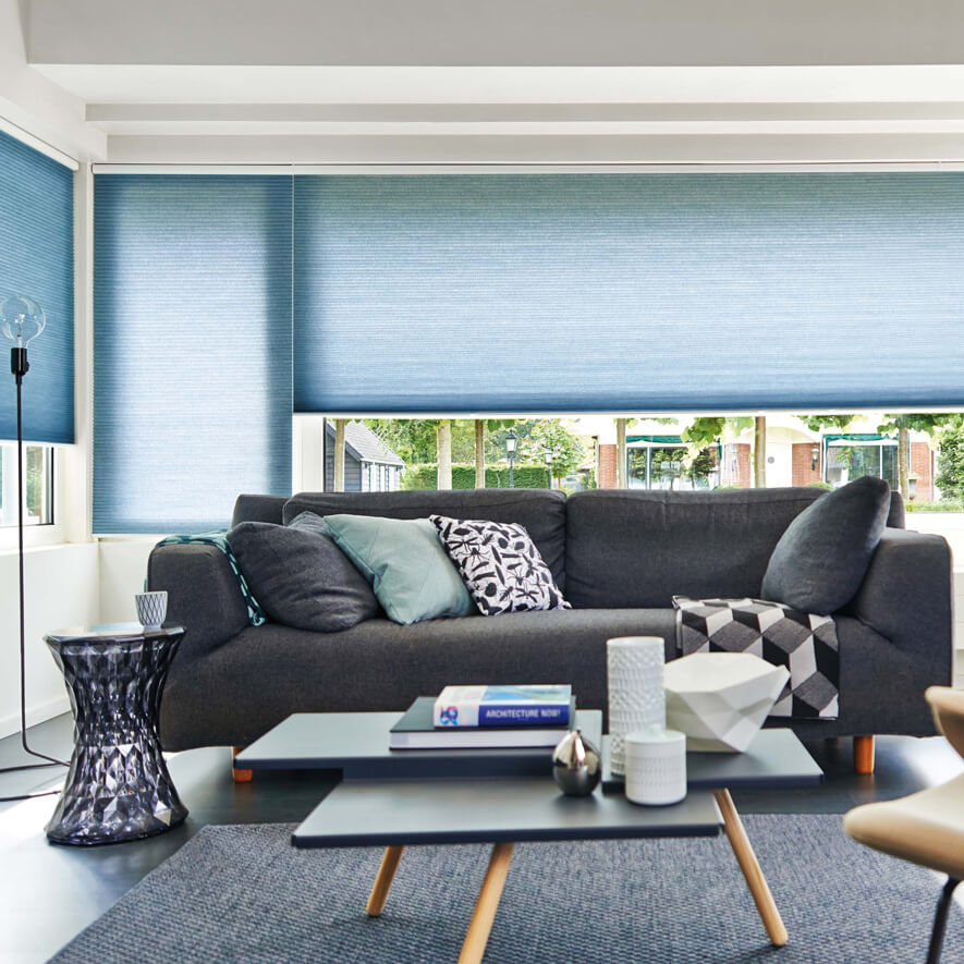 Wabenplissee Kettenzug Wohnzimmer blau