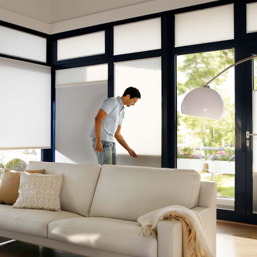 Hellgraue Wabenplissees zur Verdunkelung im Wohnzimmer Hellgraue Wabenplissees zur Verdunkelung