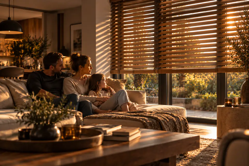 Familie auf dem Sofa, Holzjalousien filtern das warme Licht der Abendsonne
