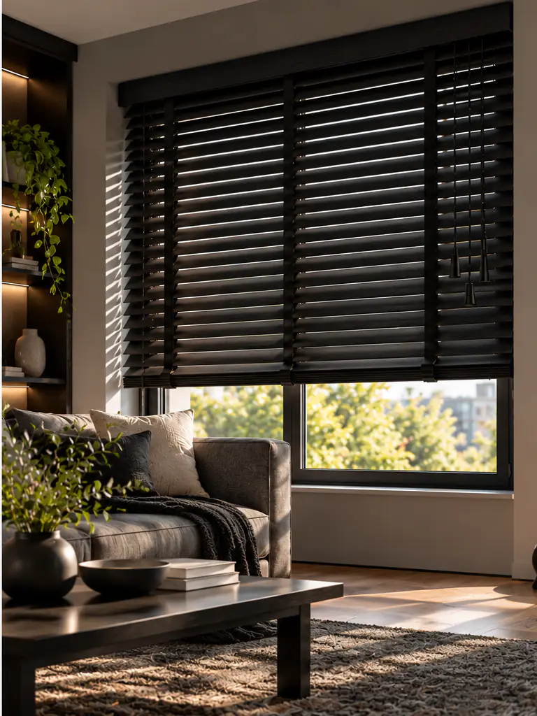 Schwarze Holzjalousie im modernen Wohnzimmer