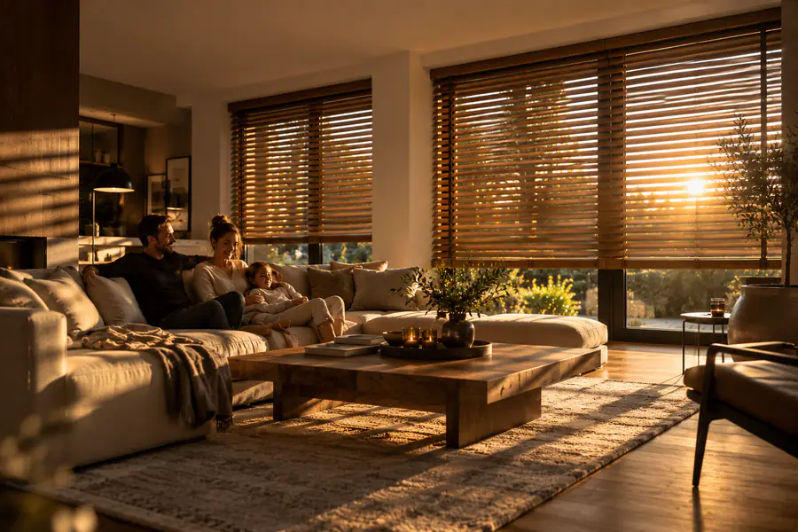 Familie im Wohnzimmer mit Holzjalousien im Abendlicht