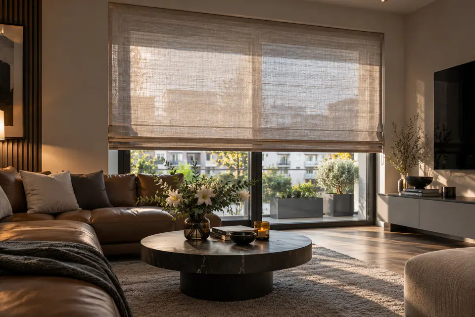 Raffrollos in Leinenoptik im Wohnzimmer mit Ledersofa